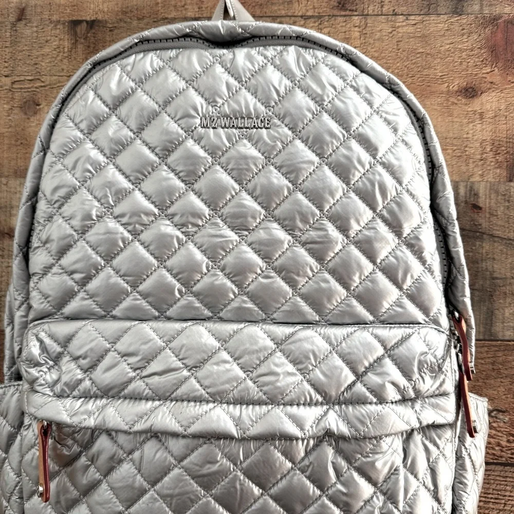 MZ Wallace Silver Quilted Nylon Backpack with Tan Leather Accents